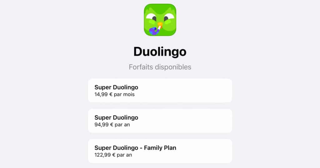 Les prix et tarifs de l'abonnement Super Duolingo.