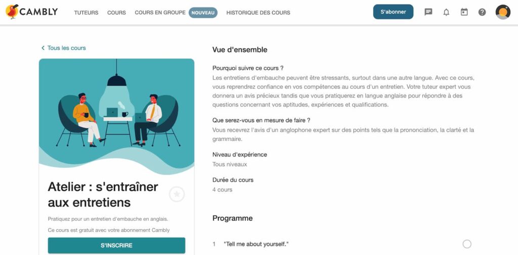 Cambly support cours s'entrainer aux entretiens