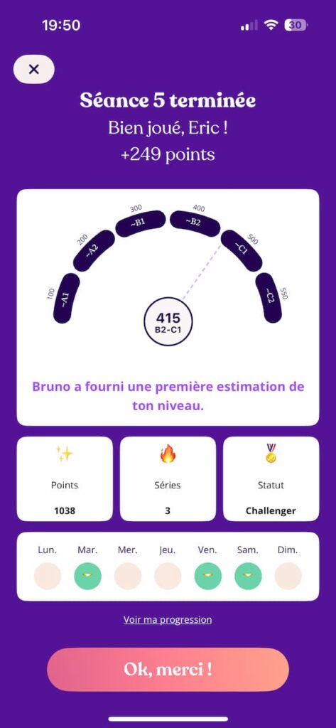 Ecran avec le niveau de langue calculée dans Aimigo coach