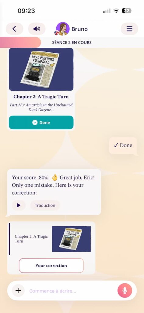 Écran d’une séance d’anglais dans l’application Aimigo Coach